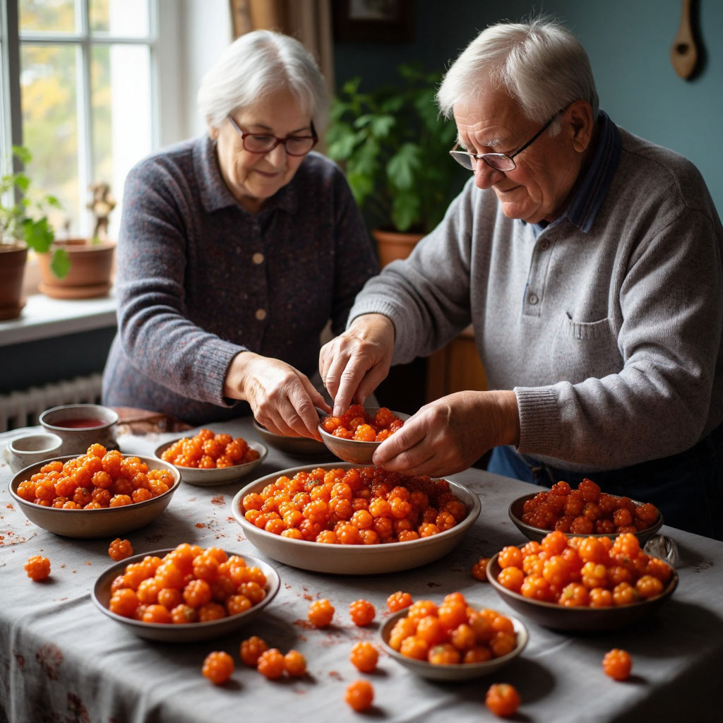 Пожилая пара перебирает свежую северную ягоду морошку, раскладывая ягоды морошки по тарелкам — натуральная морошка для заготовок и продуктов